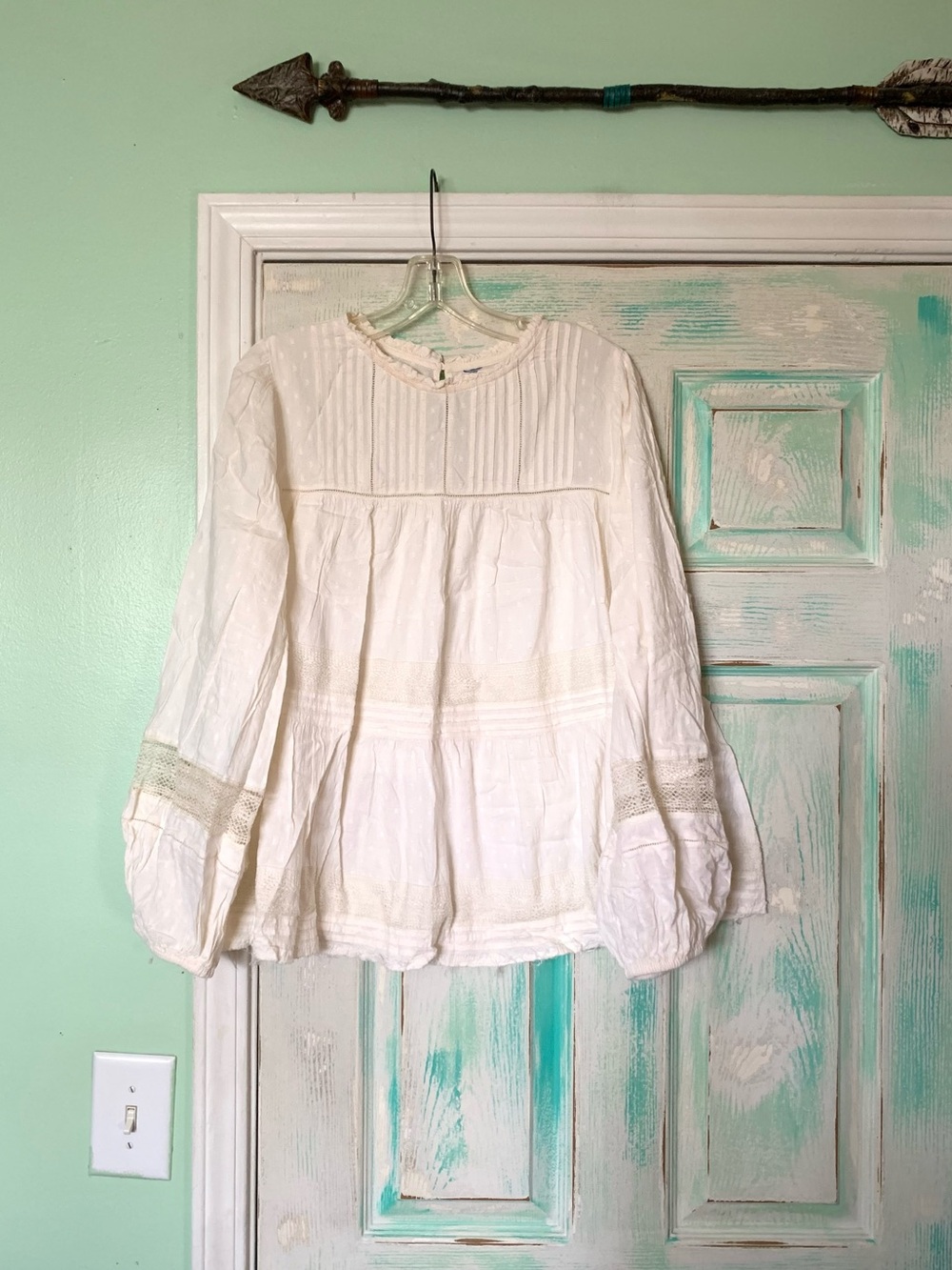 Vintage White/Cream Peasant Boho Crotchet Lace Puff Balloon Sleeve Blouse